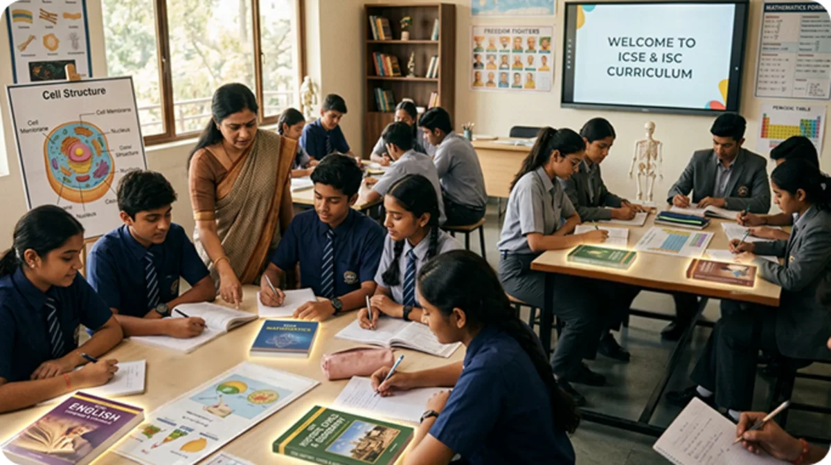 ICSE and ISC curriculum includes languages, Mathematics, Science, Humanities, Geography, and Commerce