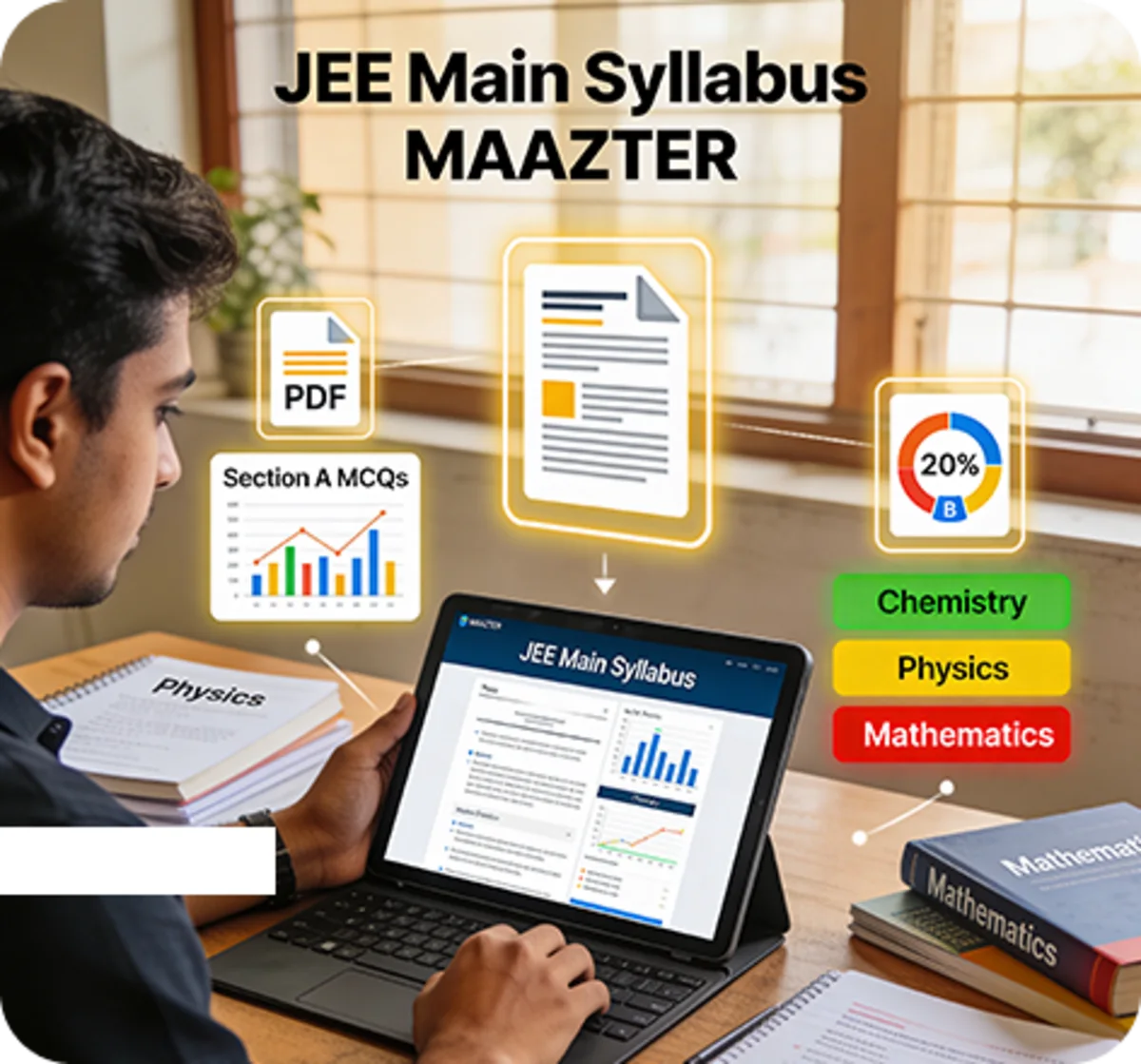 JEE Main syllabus PDF includes Physics, Chemistry, and Mathematics sections with MCQ and numerical topics