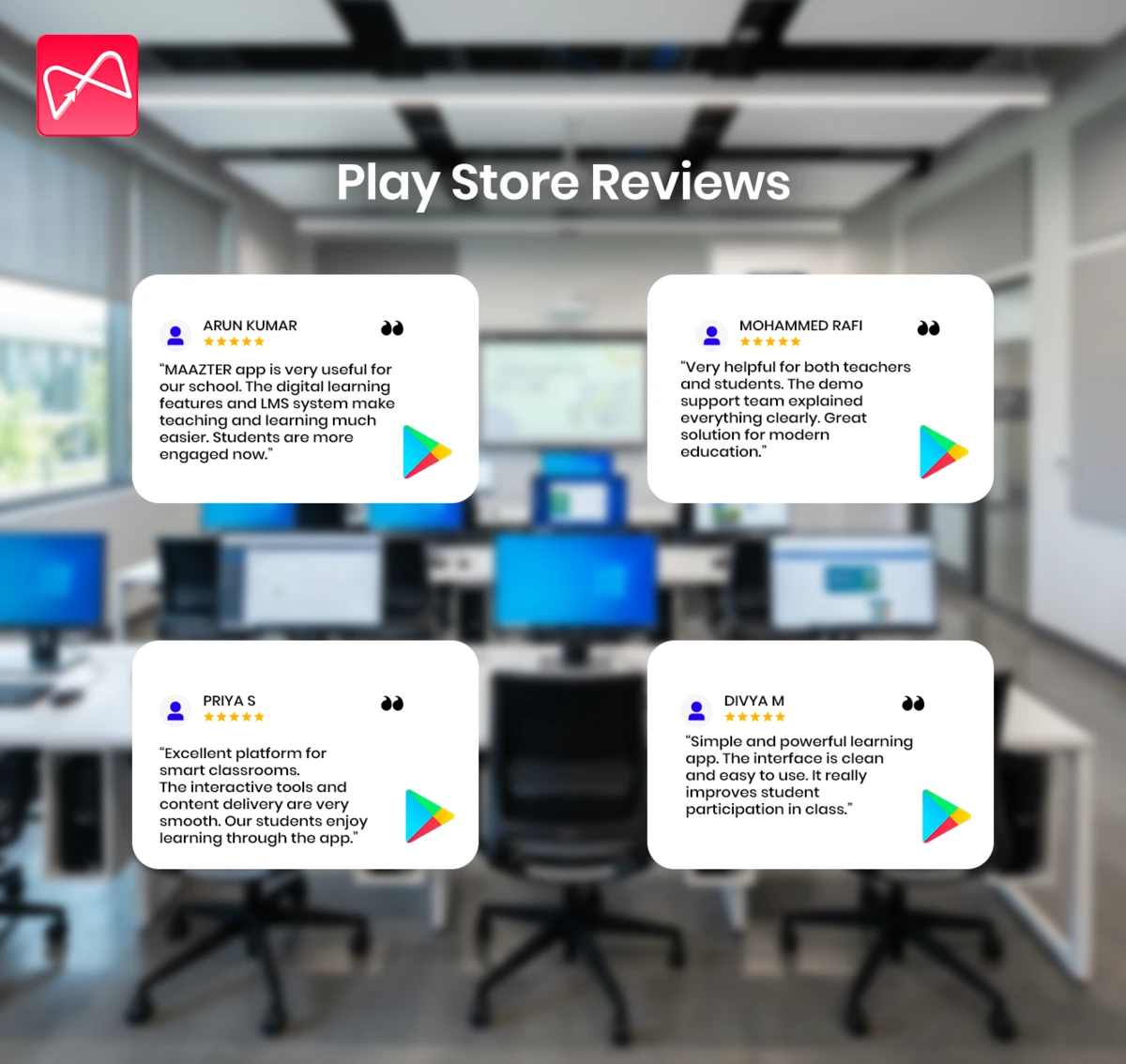 Play Store reviews highlighting positive feedback from teachers and students using the Maazter learning app