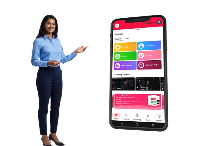 Maazter platform and app features beside a mobile learning app dashboard for students