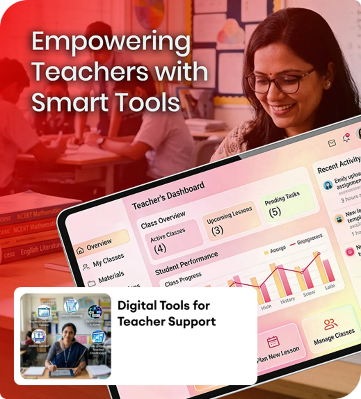 Teachers can manage classrooms, share learning content, and track student performance using digital tools