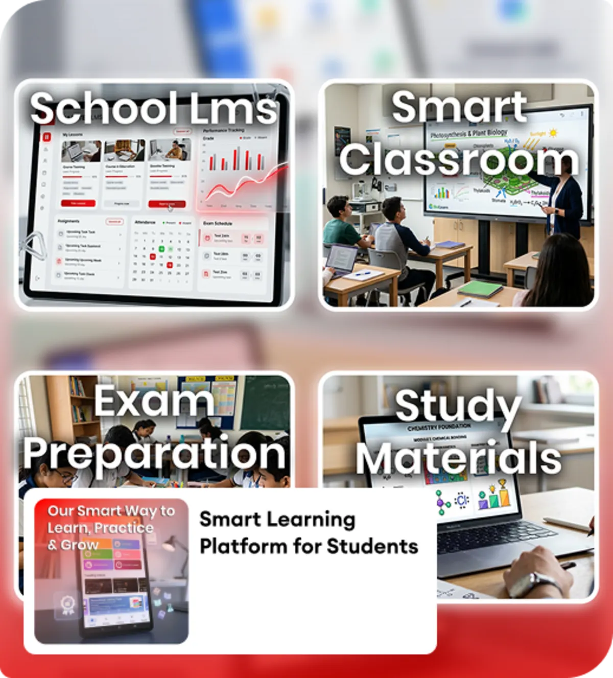 Students learning platform offers LMS, smart classrooms, study materials, exams, and performance tracking tools