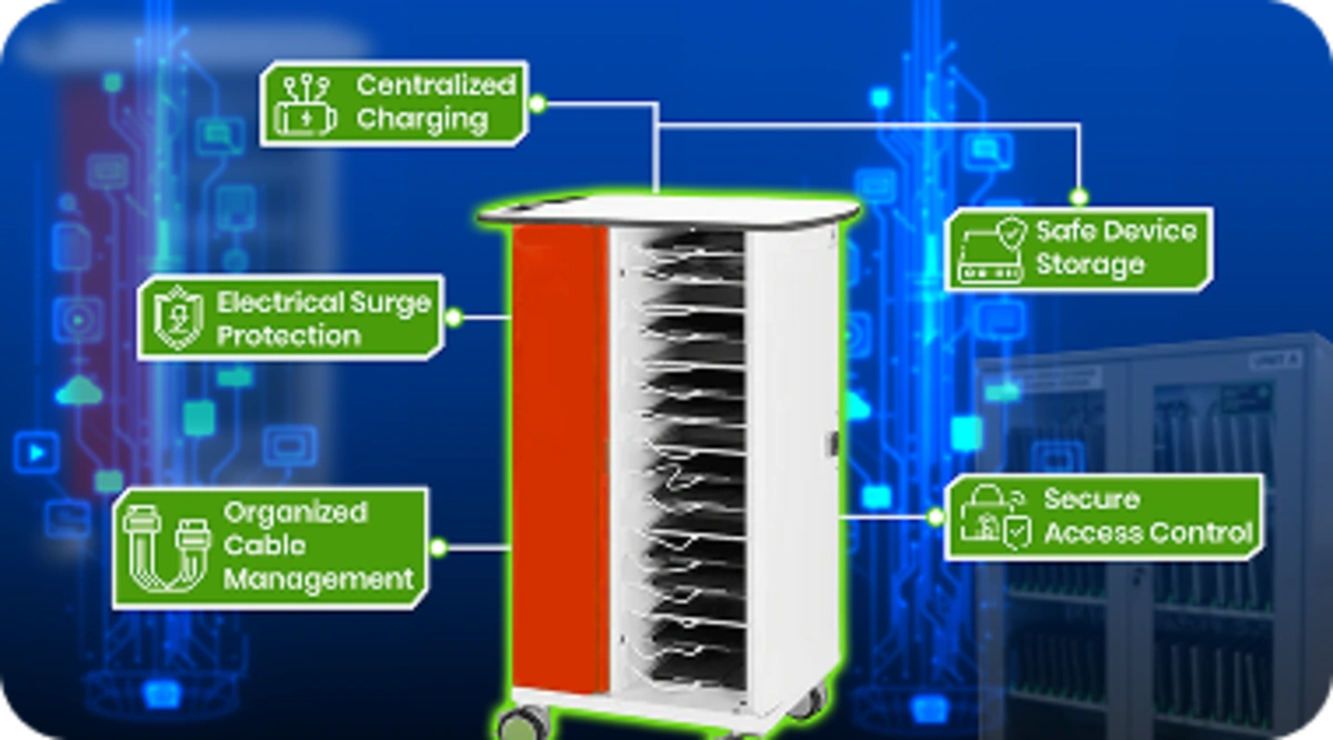 Secure storage solutions in an ICT lab provide protected charging, cable management, and device safety