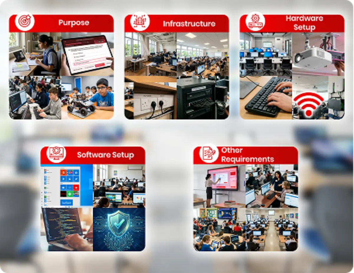 Smart ICT lab requirements include infrastructure, hardware, software, connectivity, and learning resources