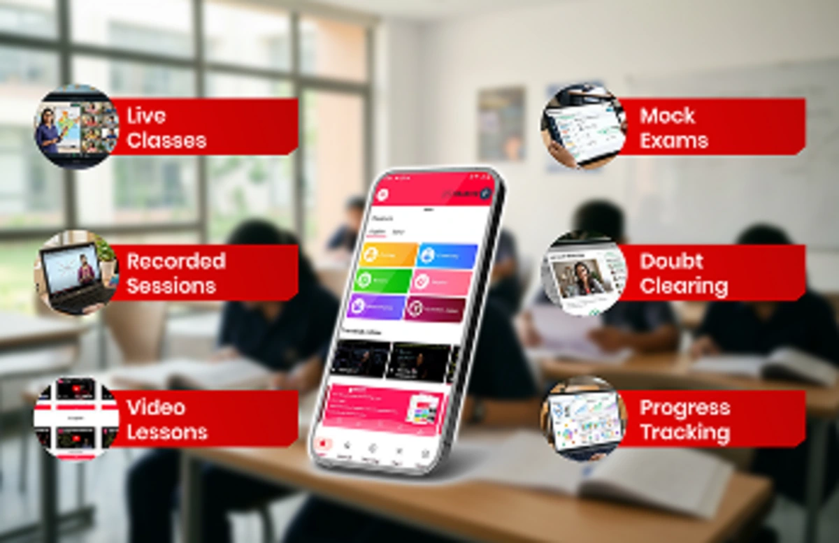 Interactive features in the learning app include live classes, recorded lessons, mock exams, and progress tracking.
