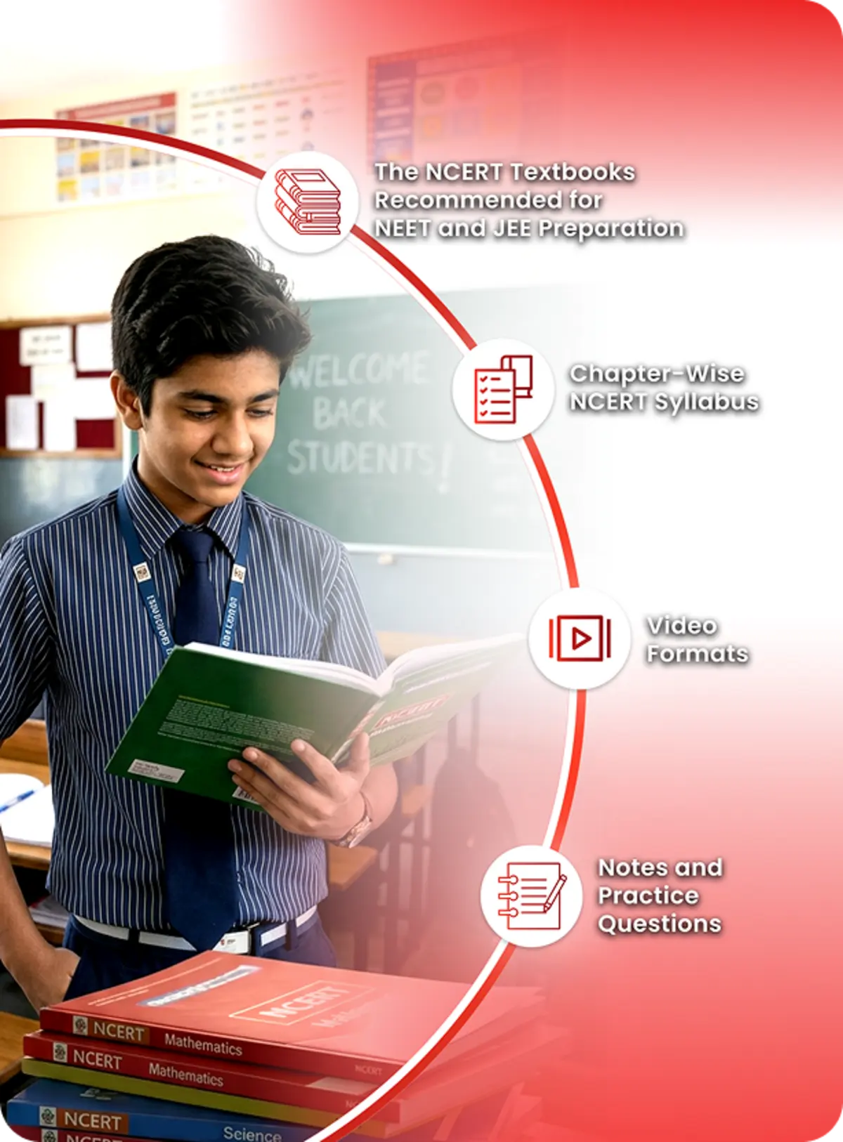 NCERT learning content in the learning app includes videos, notes, and practice questions for students