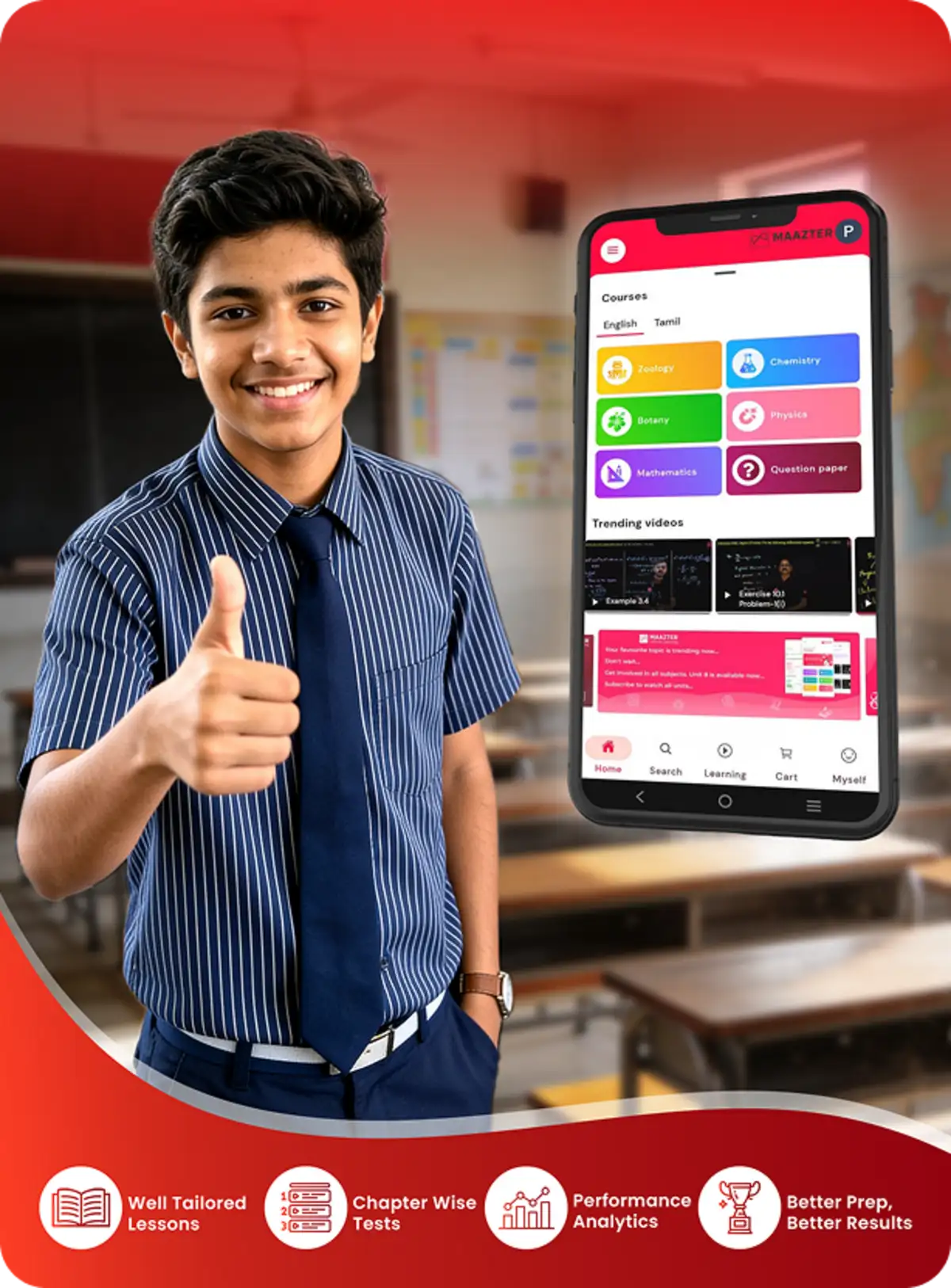 Samacheer Kalvi and Matriculation content in the learning app provides lessons, tests, and exam preparation