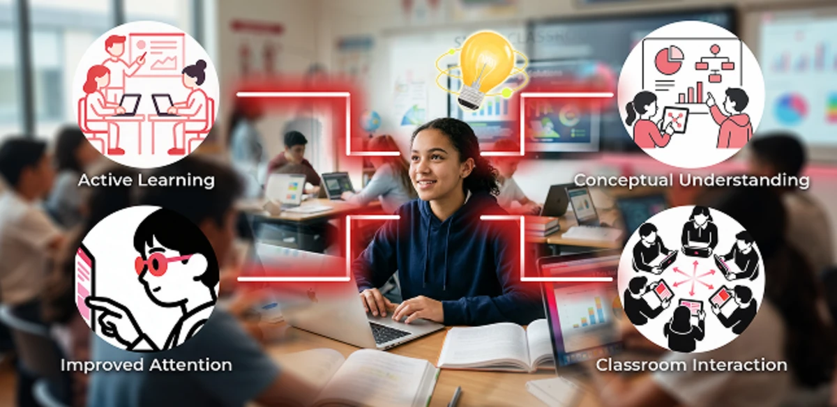 Smart classroom student engagement is improved through interactive content, assessments, and visual learning tools