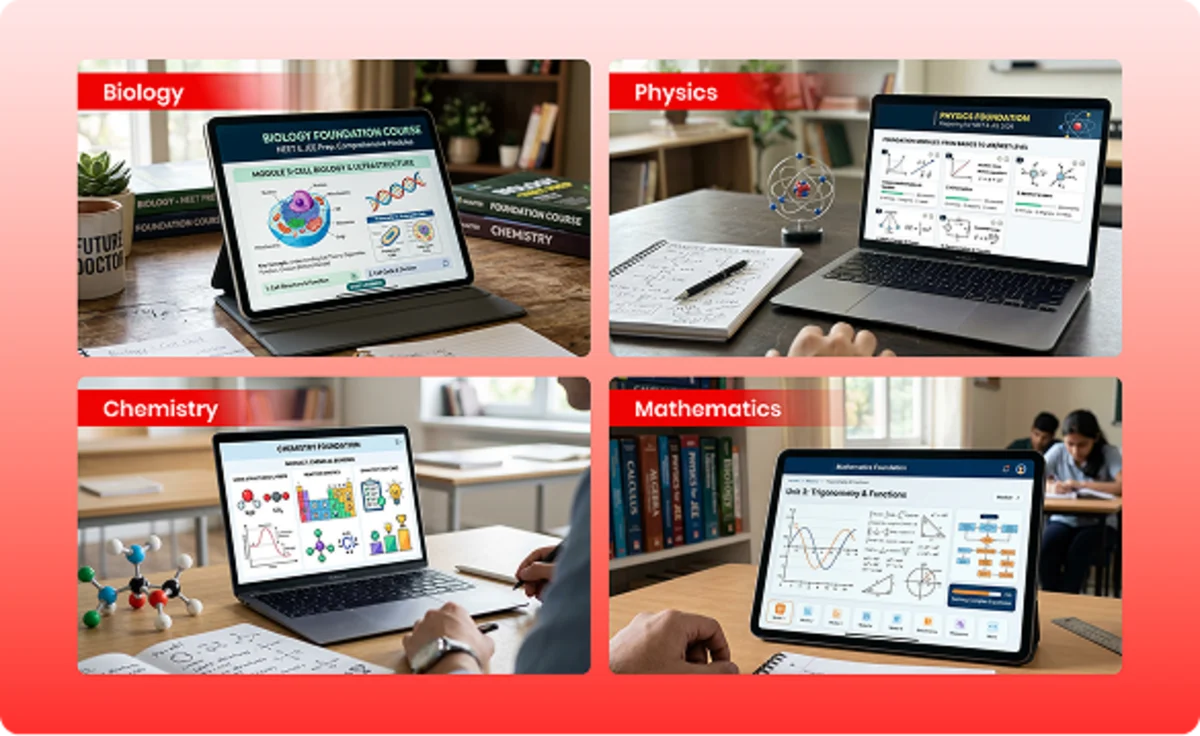 Foundation course books in Physics, Chemistry, Biology, and Mathematics support structured exam preparation