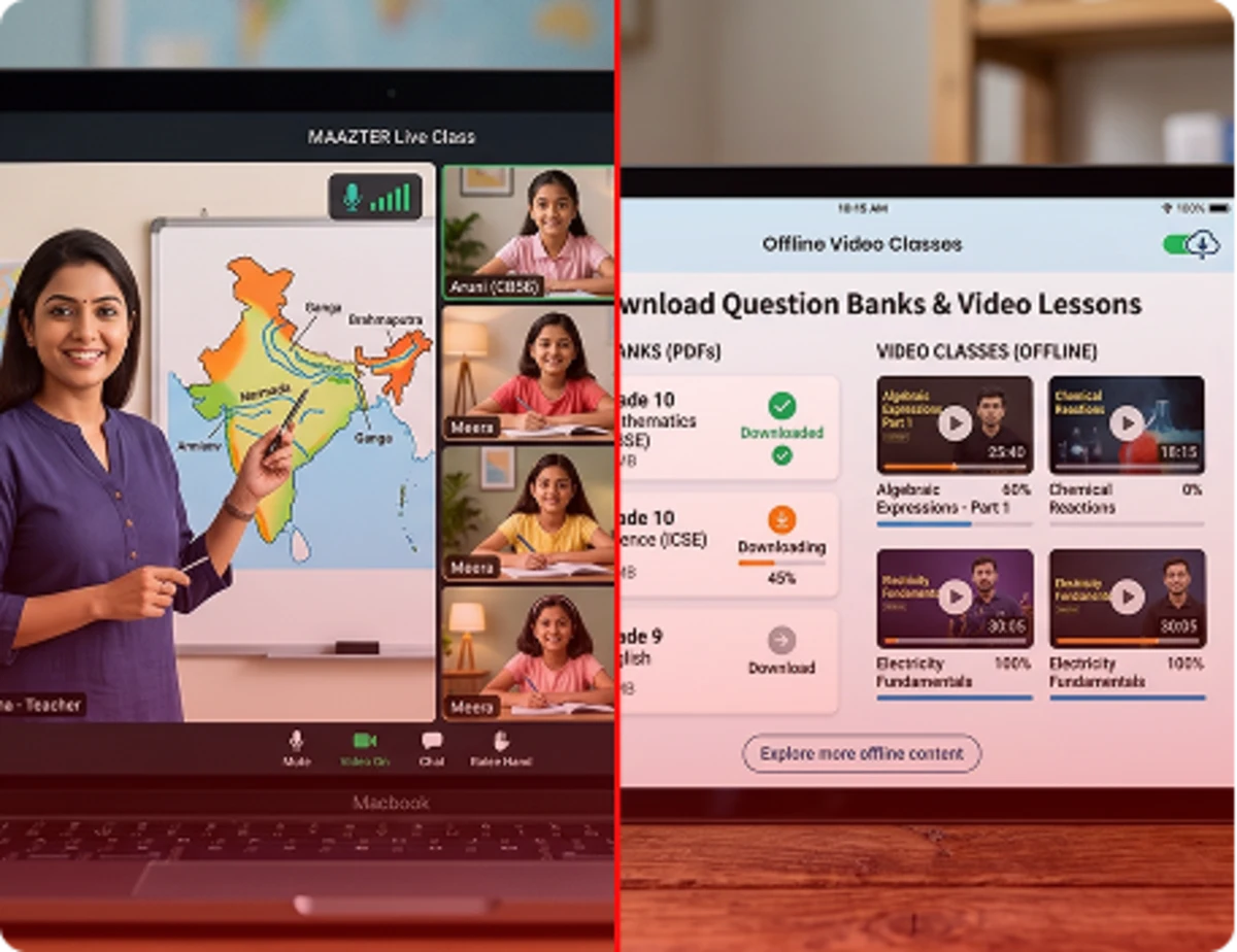 Students can attend live classes or access recorded lessons online and offline for continuous learning