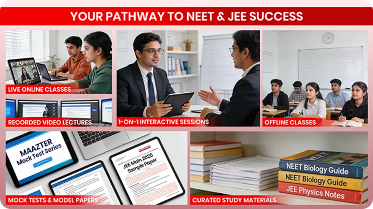 Comprehensive NEET and JEE courses include live classes, recorded videos, mock tests, and study materials