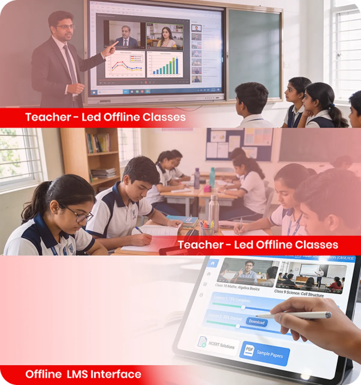 Offline educational content focuses on conceptual understanding through recorded lessons and resources