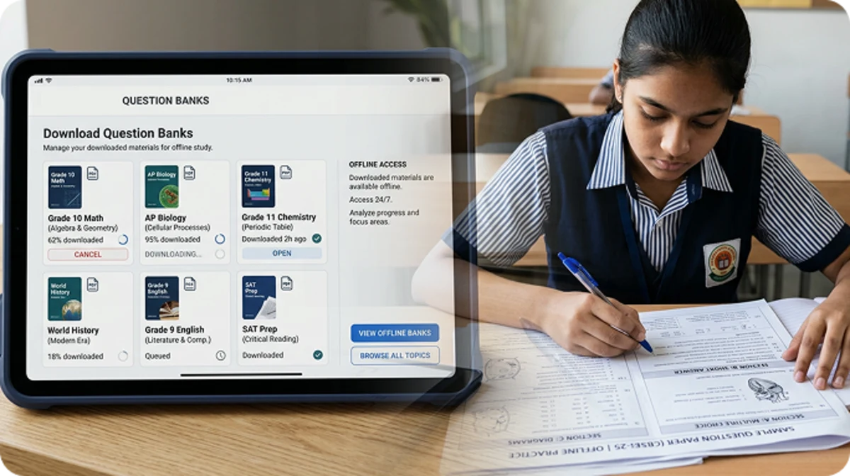 Question banks can be downloaded for offline practice to improve performance and identify weak areas