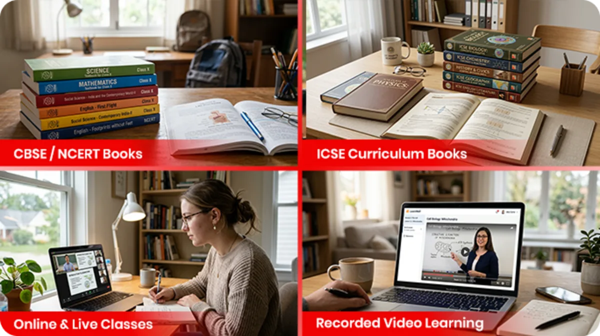 Online classes, recorded videos, and study materials available for CBSE, NCERT, and ICSE students