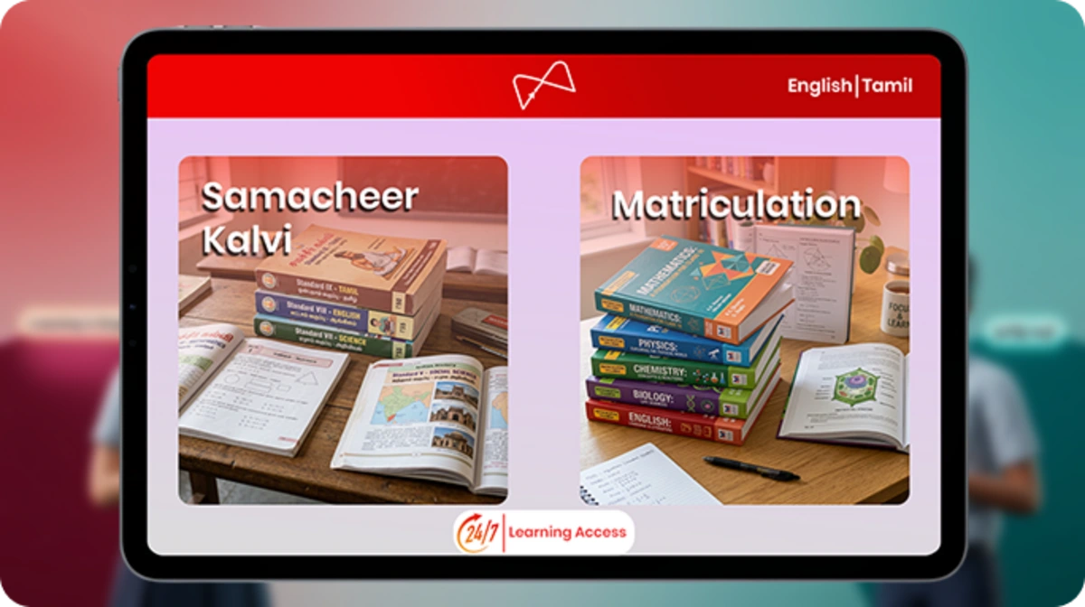 Learning platform offering Samacheer Kalvi and Matriculation resources with Tamil and English classes