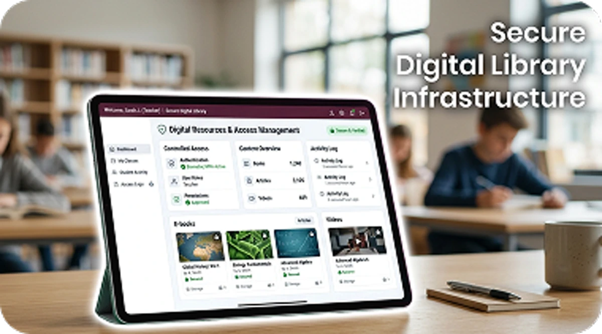 A digital library ensures secure storage, controlled access, and reliable management of resources