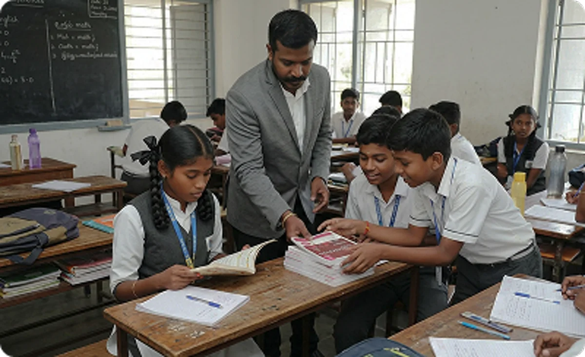 Students using Maazter Foundation Books for structured JEE and NEET preparation at SB Matriculation School